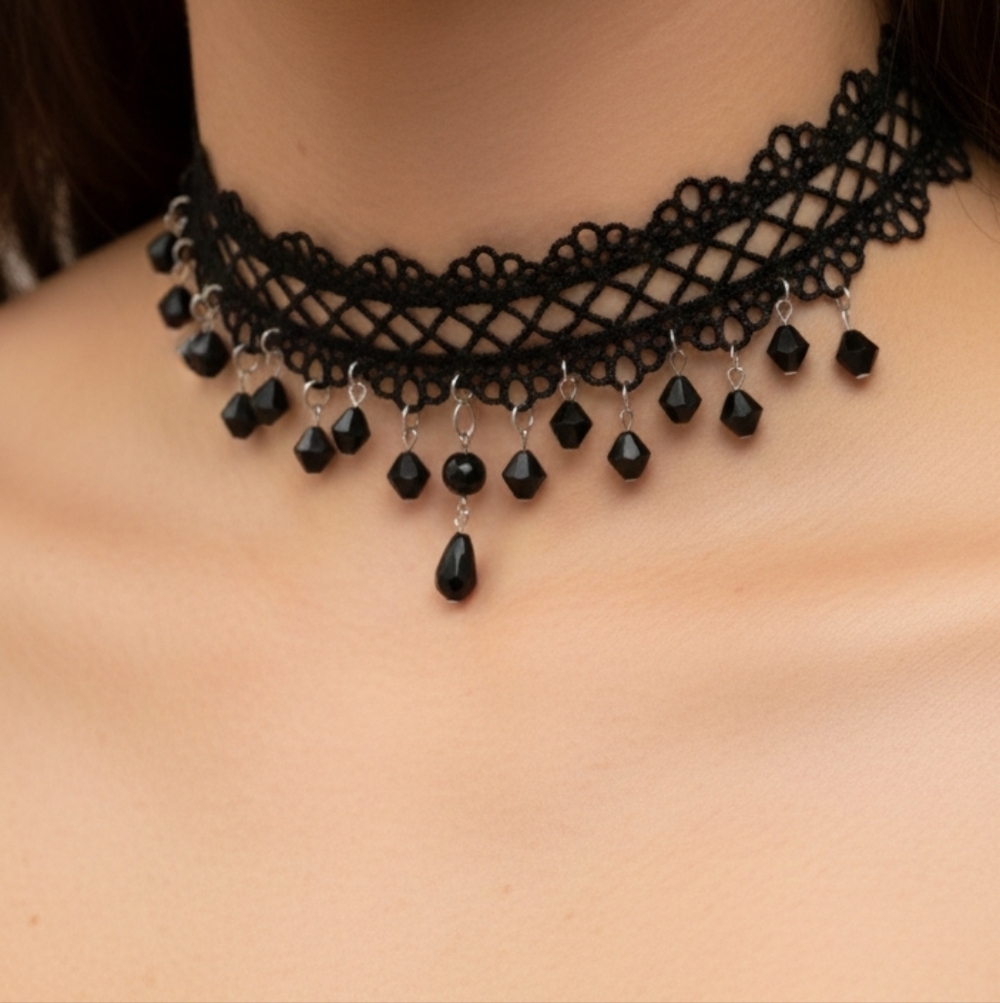 ♠️ Elegant Black Lace Choker Necklace With Dangles Beaded